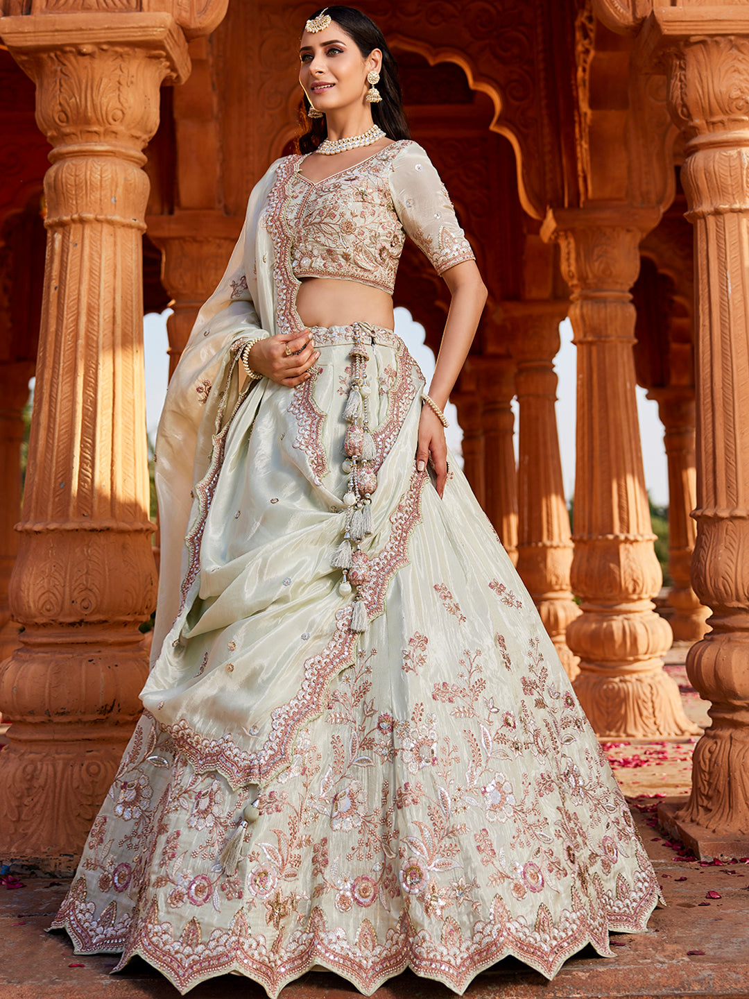 Women's Lime green Tissue Sequinse embroidery Lehenga choli & Dupatta