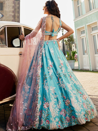 Women's Turquoise blue Satin Silk Sequins embroidery Lehenga choli & Dupatta