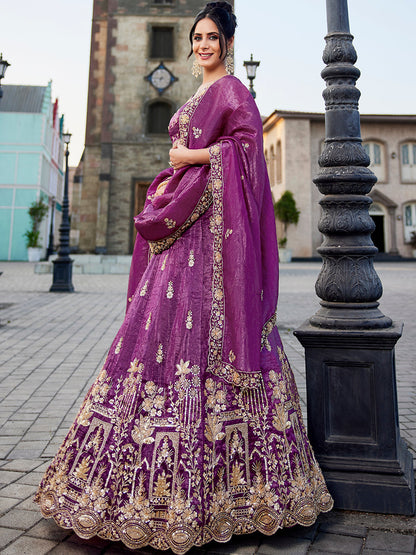 Women's Burgundy Tissue Handwork cutdana embroidery Lehenga choli & Dupatta