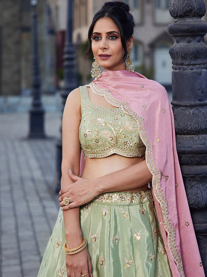 Women's Lime green Satin Silk Sequins embroidery Lehenga choli & Dupatta