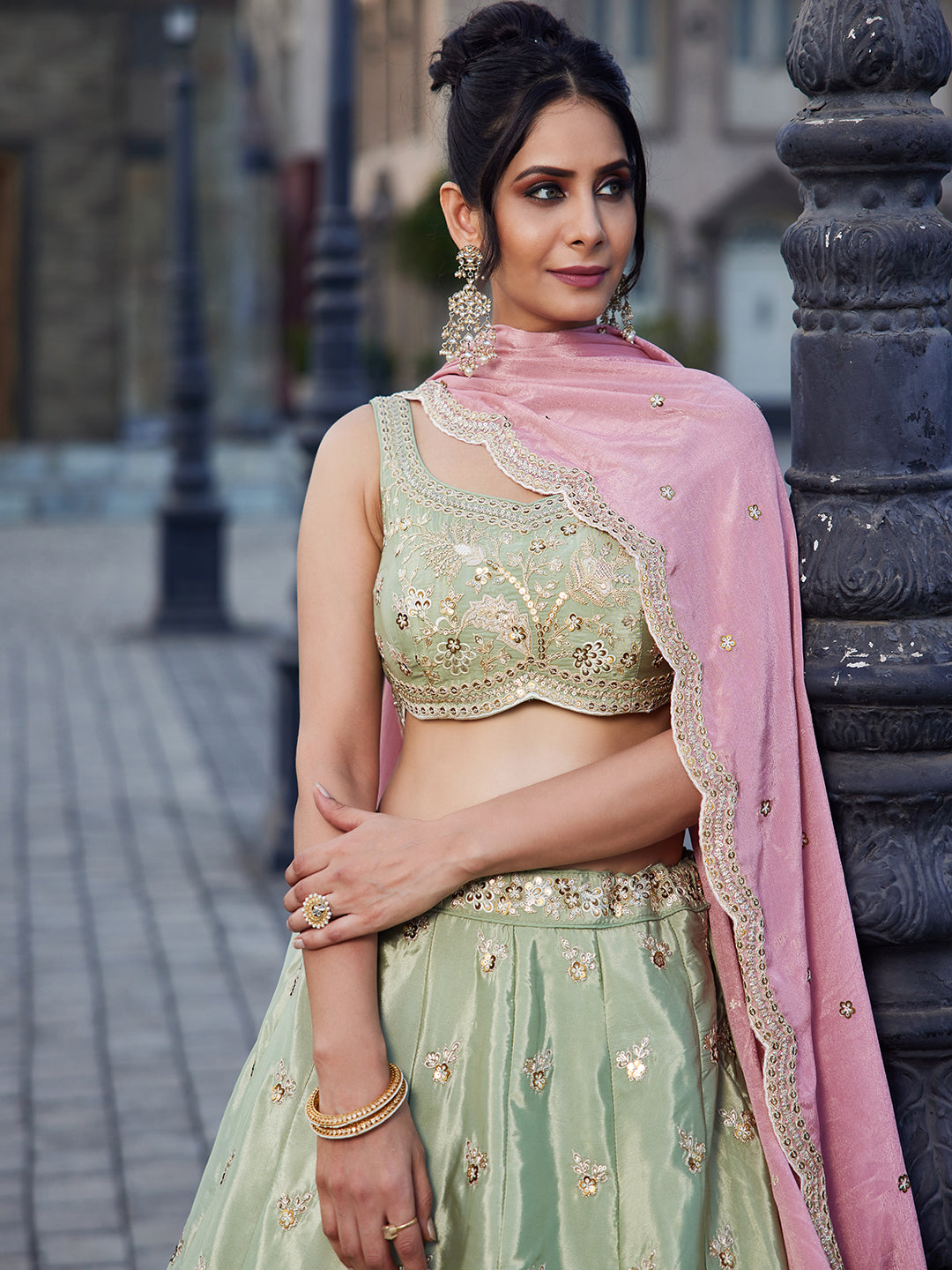 Women's Lime green Satin Silk Sequins embroidery Lehenga choli & Dupatta