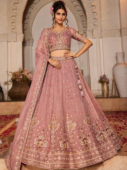 Women's Pink colour Tissue Sequinse embroidery Lehenga choli & Dupatta