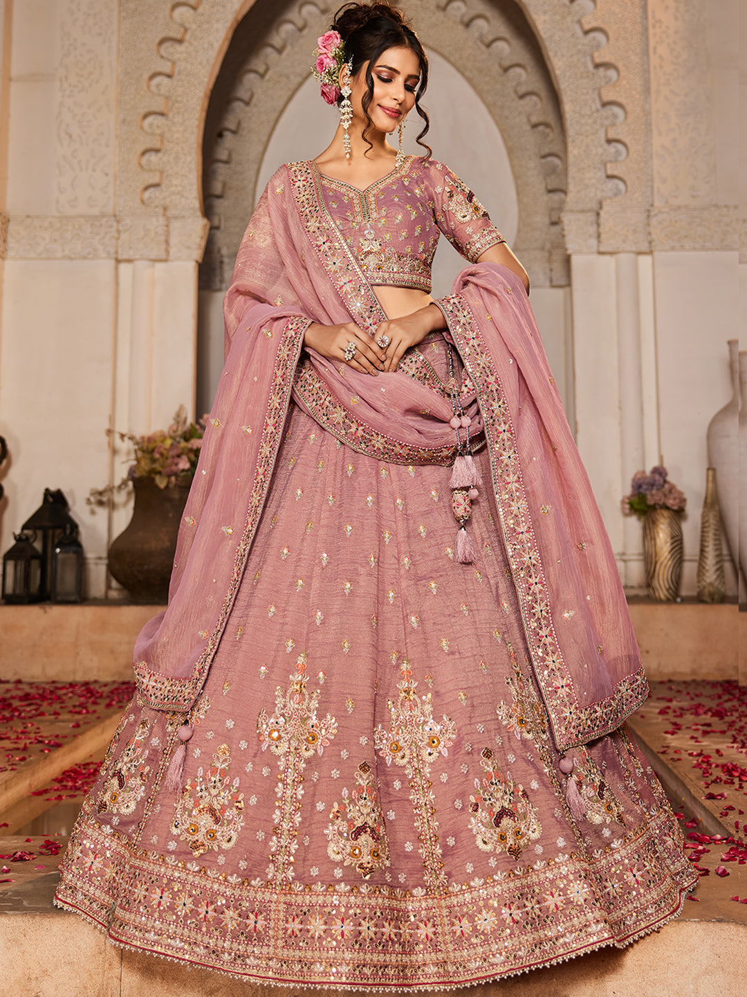 Women's Pink colour Tissue Sequinse embroidery Lehenga choli & Dupatta