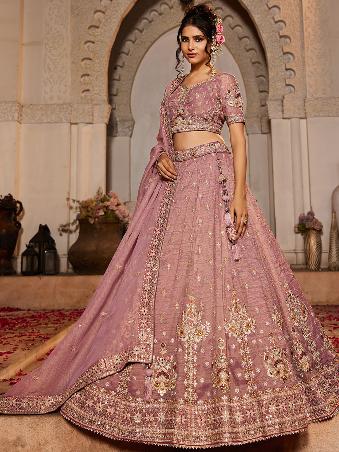 Women's Pink colour Tissue Sequinse embroidery Lehenga choli & Dupatta