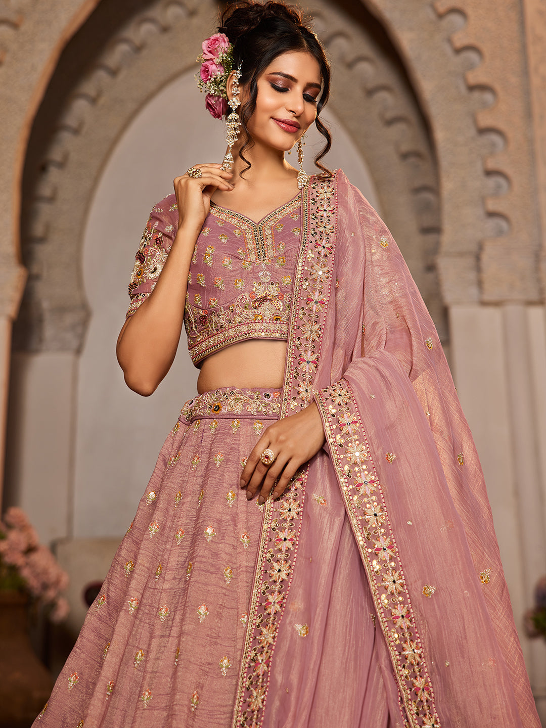 Women's Pink colour Tissue Sequinse embroidery Lehenga choli & Dupatta