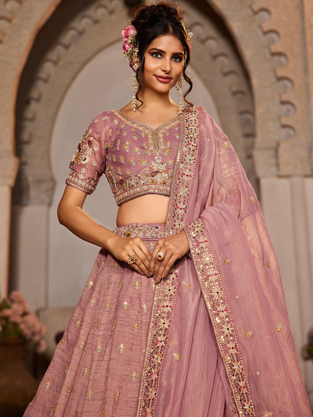 Women's Pink colour Tissue Sequinse embroidery Lehenga choli & Dupatta