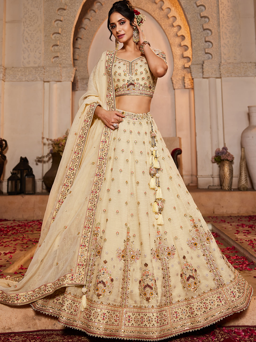 Women's Cream colour Tissue Sequinse embroidery Lehenga choli & Dupatta