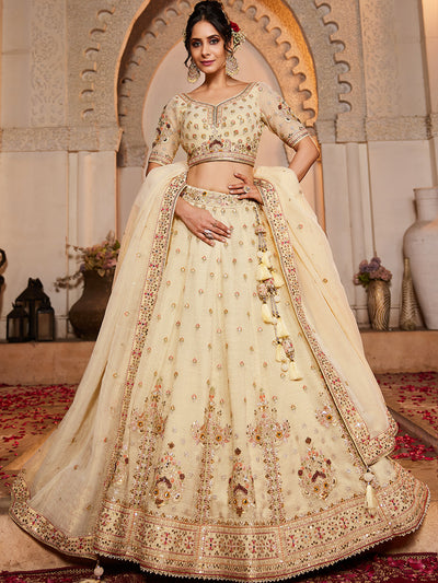 Women's Cream colour Tissue Sequinse embroidery Lehenga choli & Dupatta