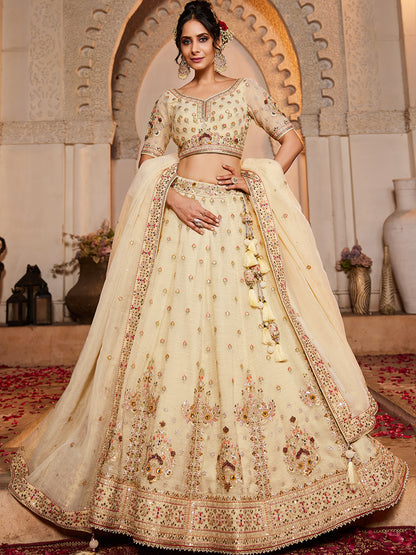 Women's Cream colour Tissue Sequinse embroidery Lehenga choli & Dupatta