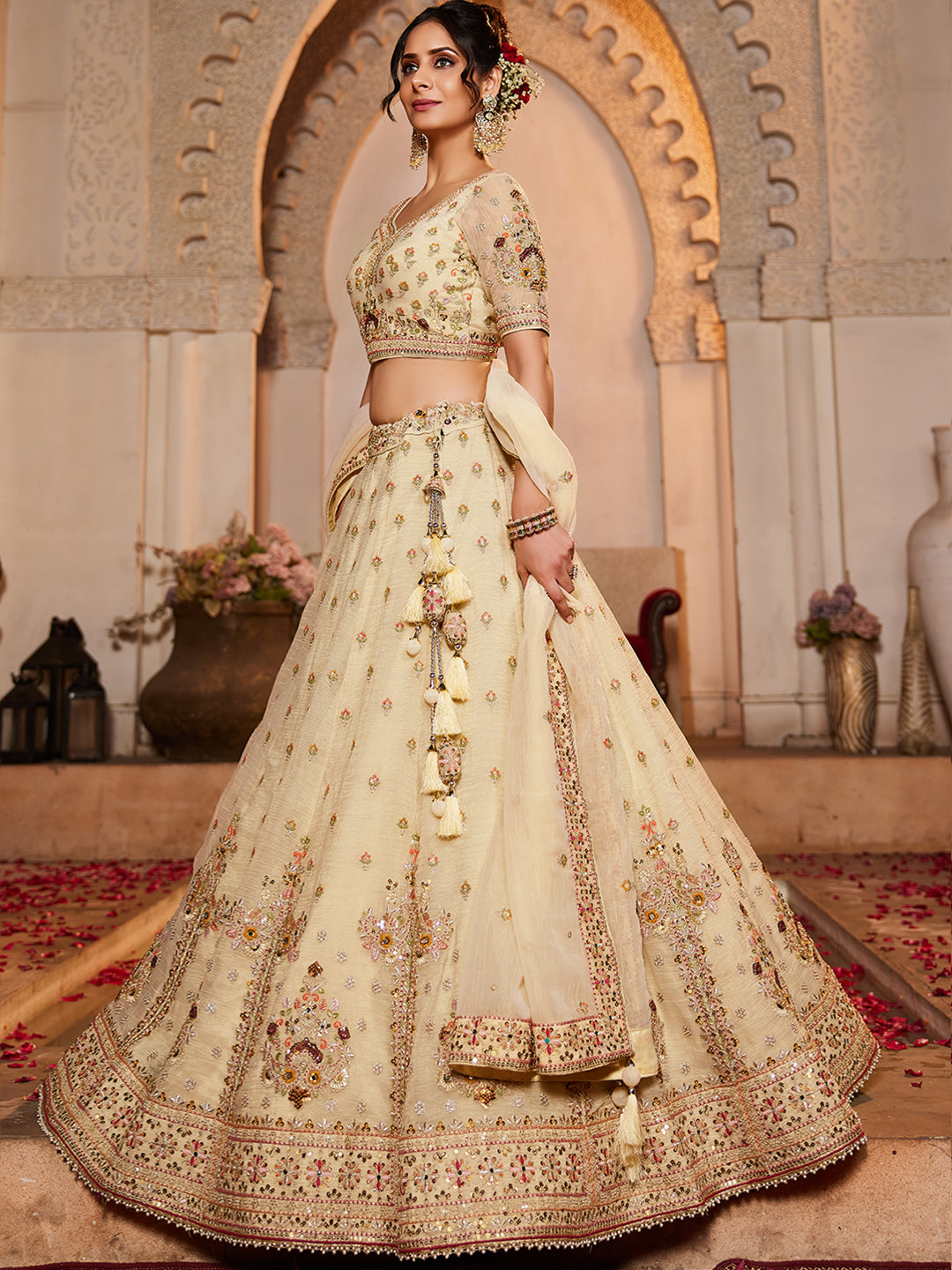 Women's Cream colour Tissue Sequinse embroidery Lehenga choli & Dupatta