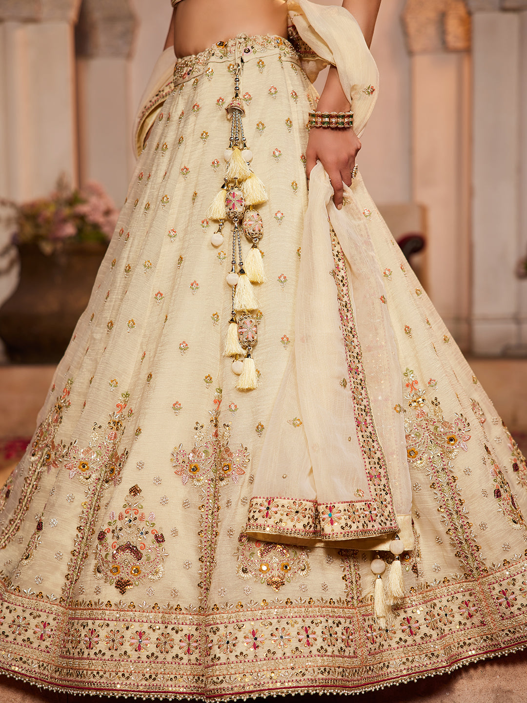 Women's Cream colour Tissue Sequinse embroidery Lehenga choli & Dupatta