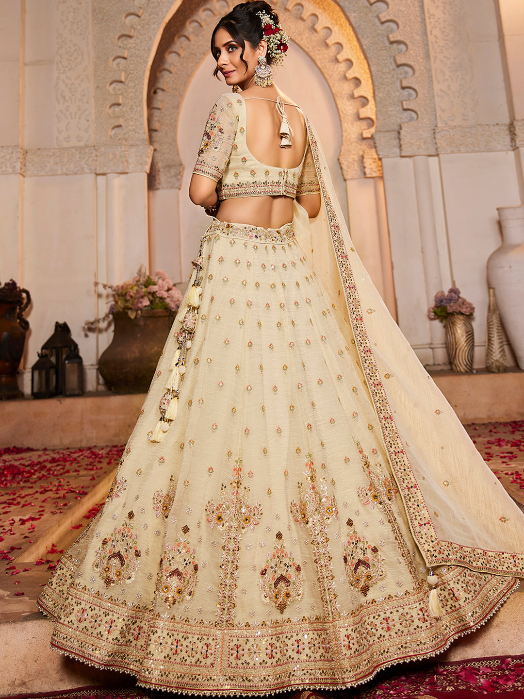 Women's Cream colour Tissue Sequinse embroidery Lehenga choli & Dupatta