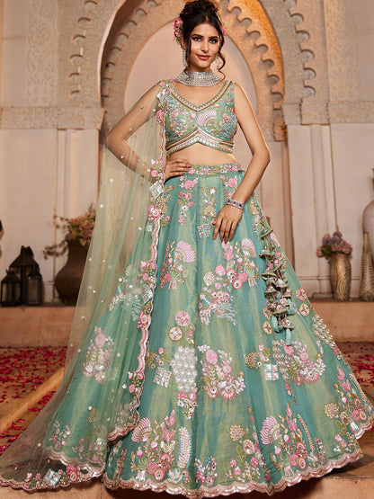 Women's Sea Green Net Sequinse embroidery Lehenga choli & Dupatta