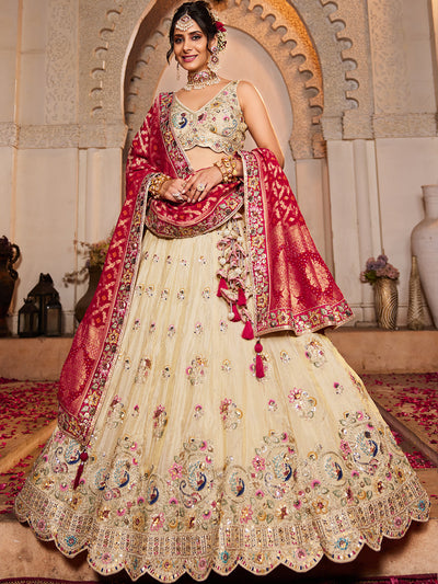 Women's Cream colour Tissue Sequinse embroidery Lehenga choli & Dupatta