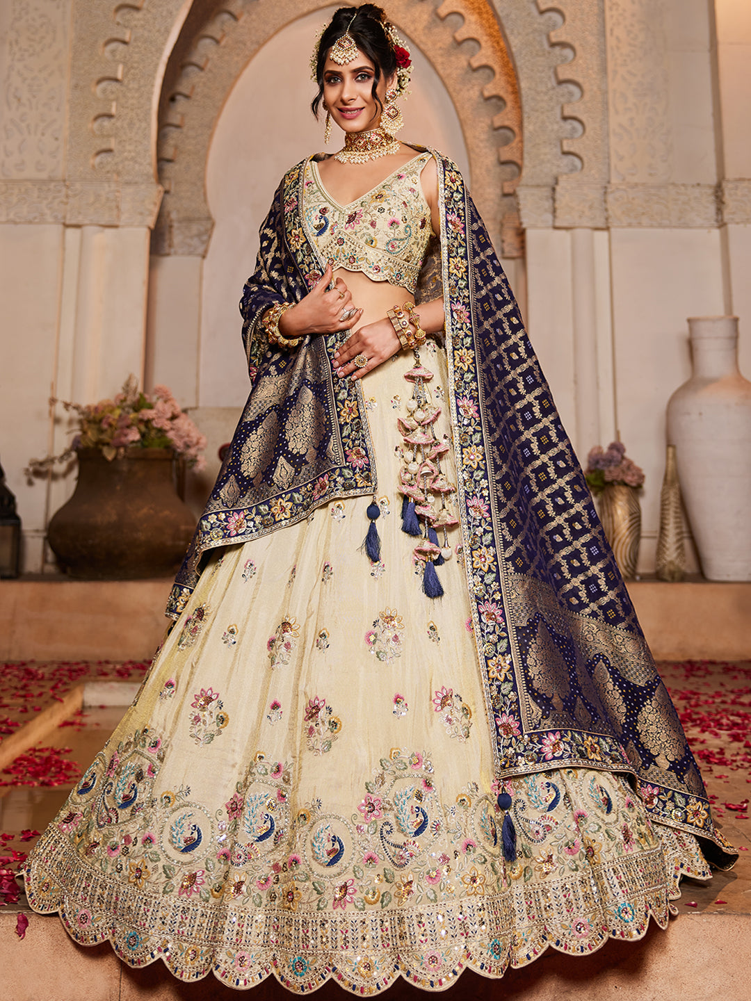 Women's Cream colour Tissue Sequinse embroidery Lehenga choli & Dupatta