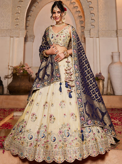Women's Cream colour Tissue Sequinse embroidery Lehenga choli & Dupatta