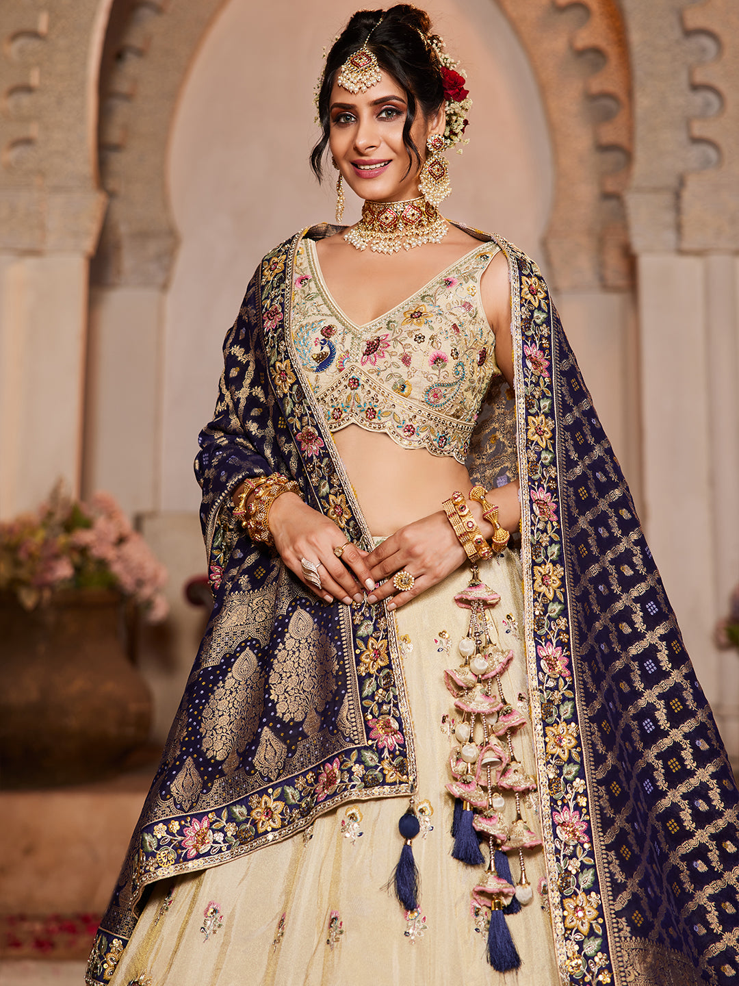 Women's Cream colour Tissue Sequinse embroidery Lehenga choli & Dupatta