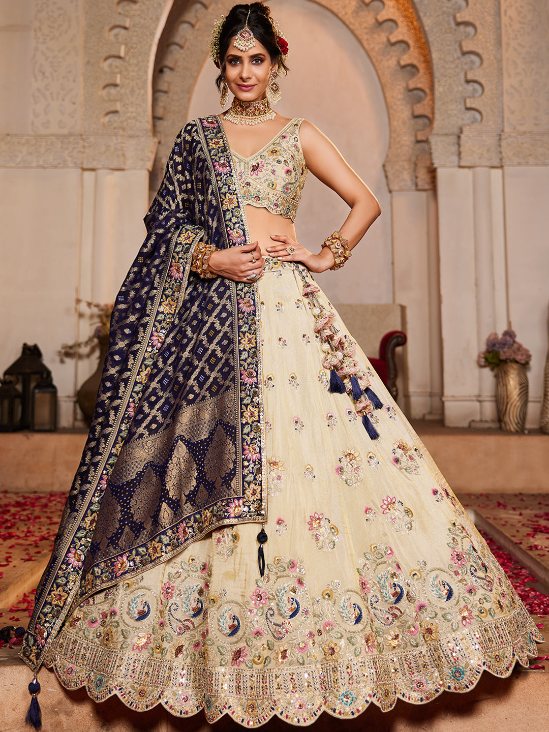Women's Cream colour Tissue Sequinse embroidery Lehenga choli & Dupatta
