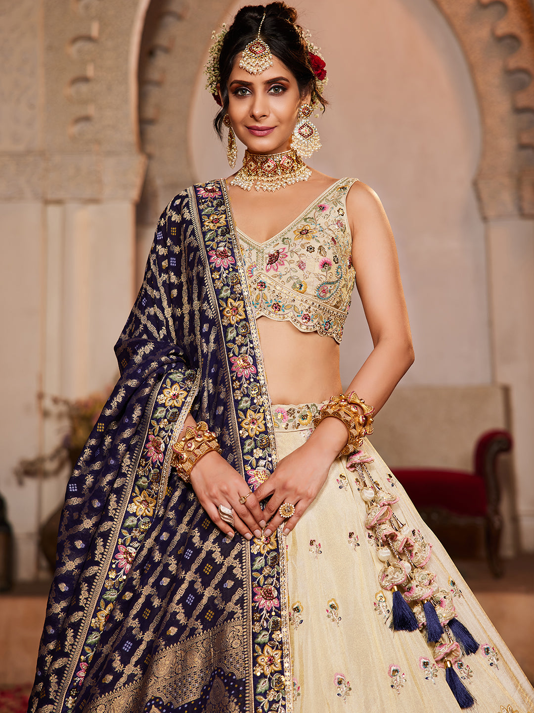 Women's Cream colour Tissue Sequinse embroidery Lehenga choli & Dupatta