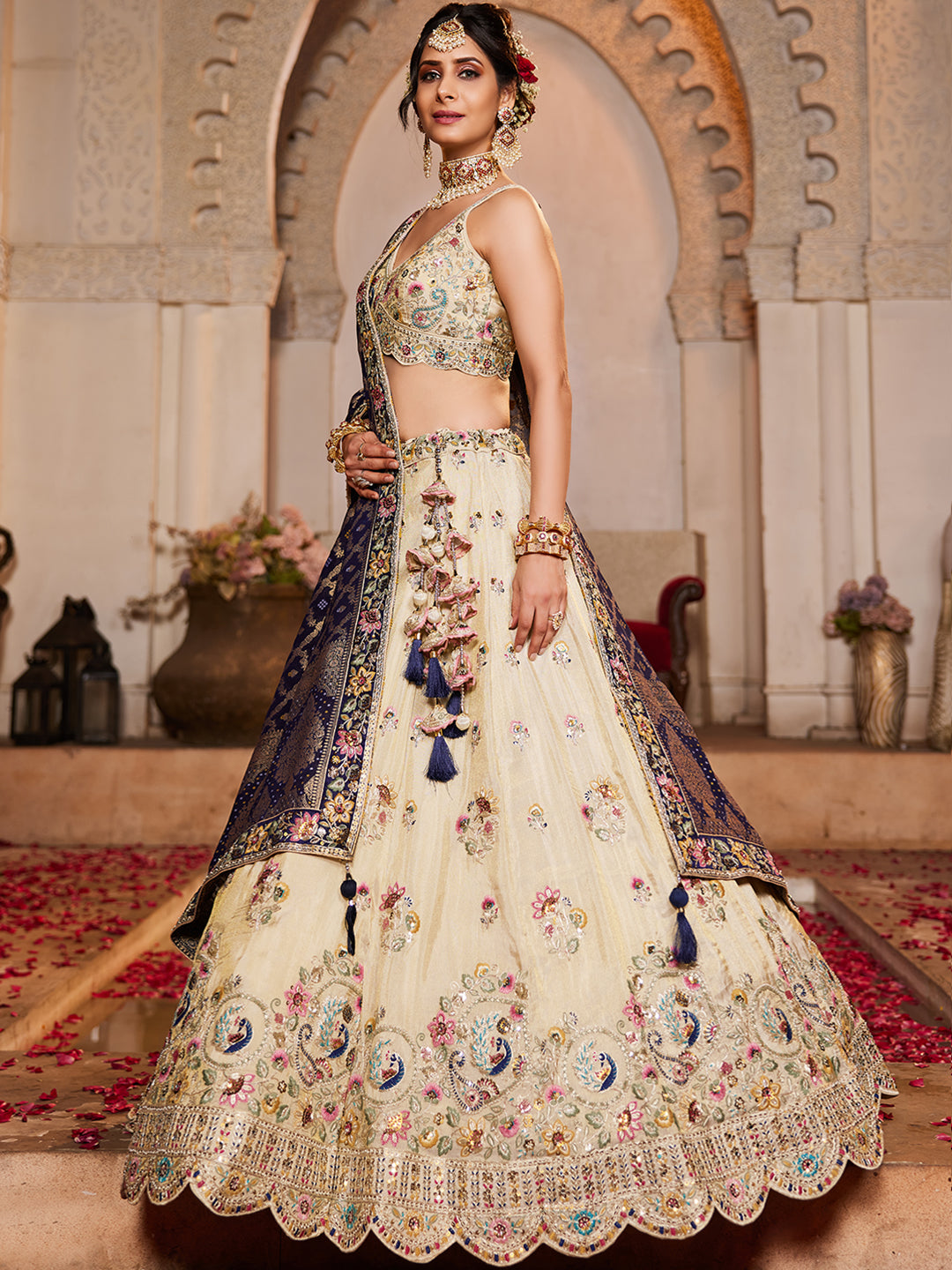 Women's Cream colour Tissue Sequinse embroidery Lehenga choli & Dupatta