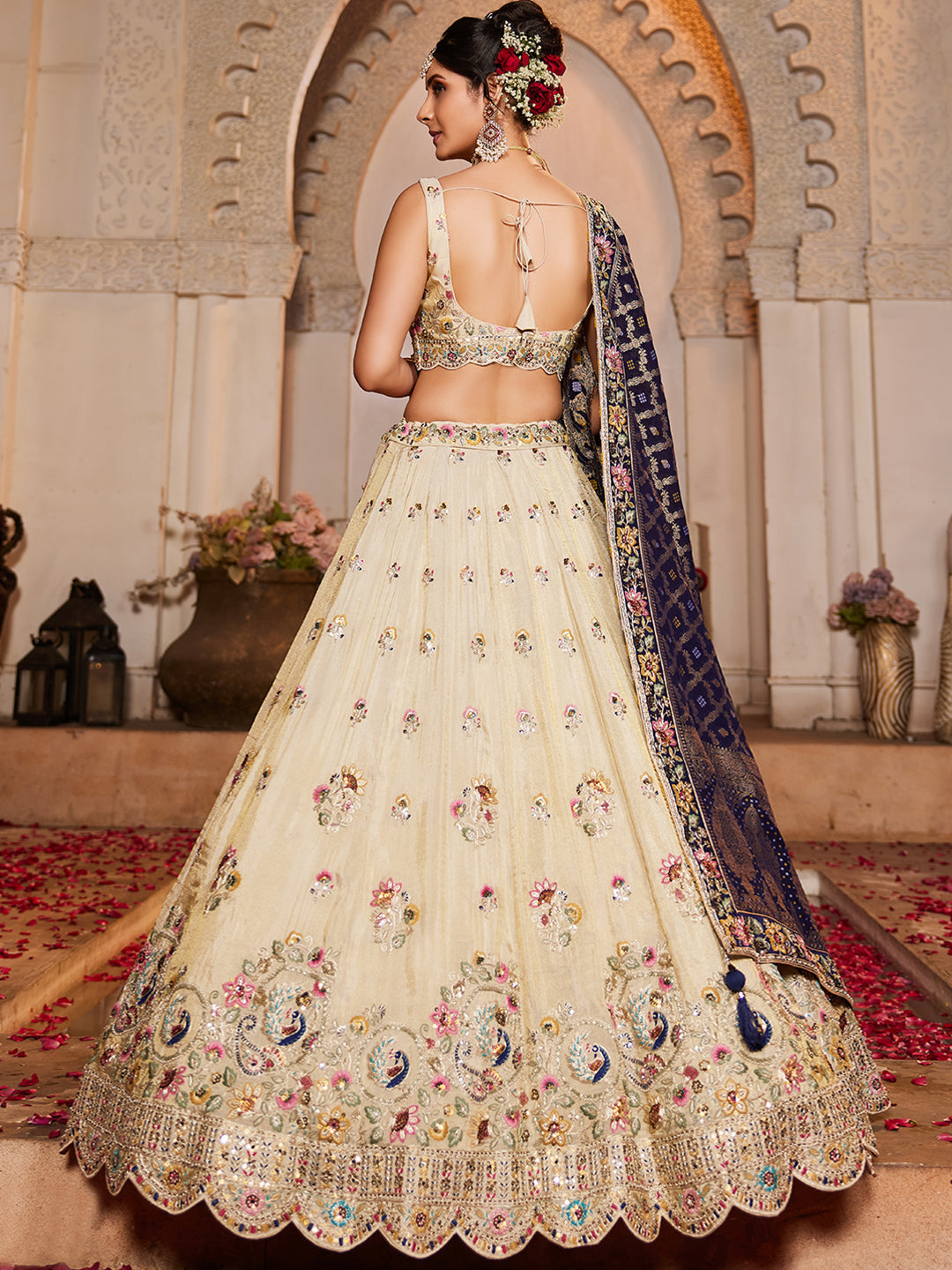 Women's Cream colour Tissue Sequinse embroidery Lehenga choli & Dupatta