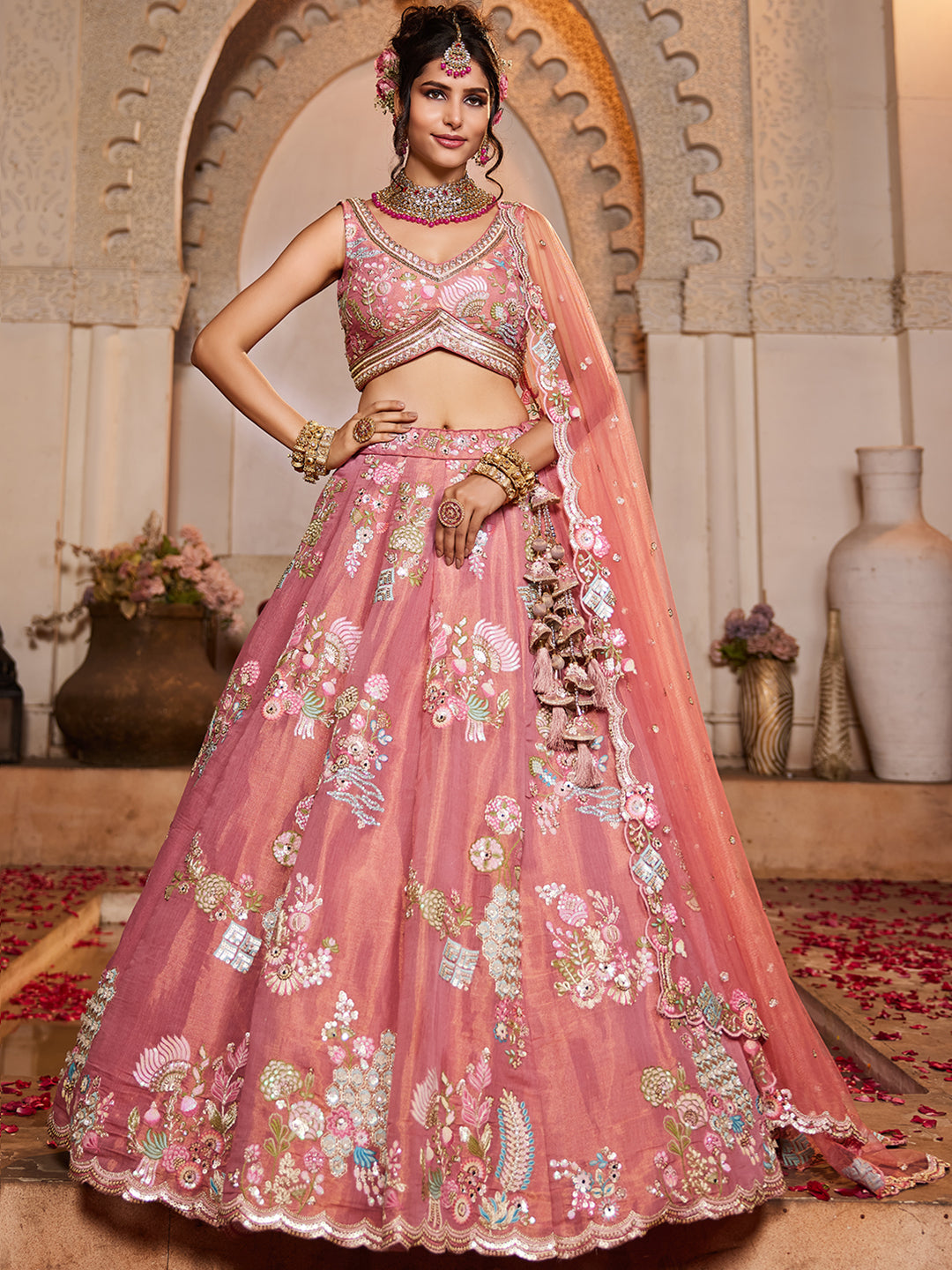 Women's Pink Net Sequinse embroidery Lehenga choli & Dupatta