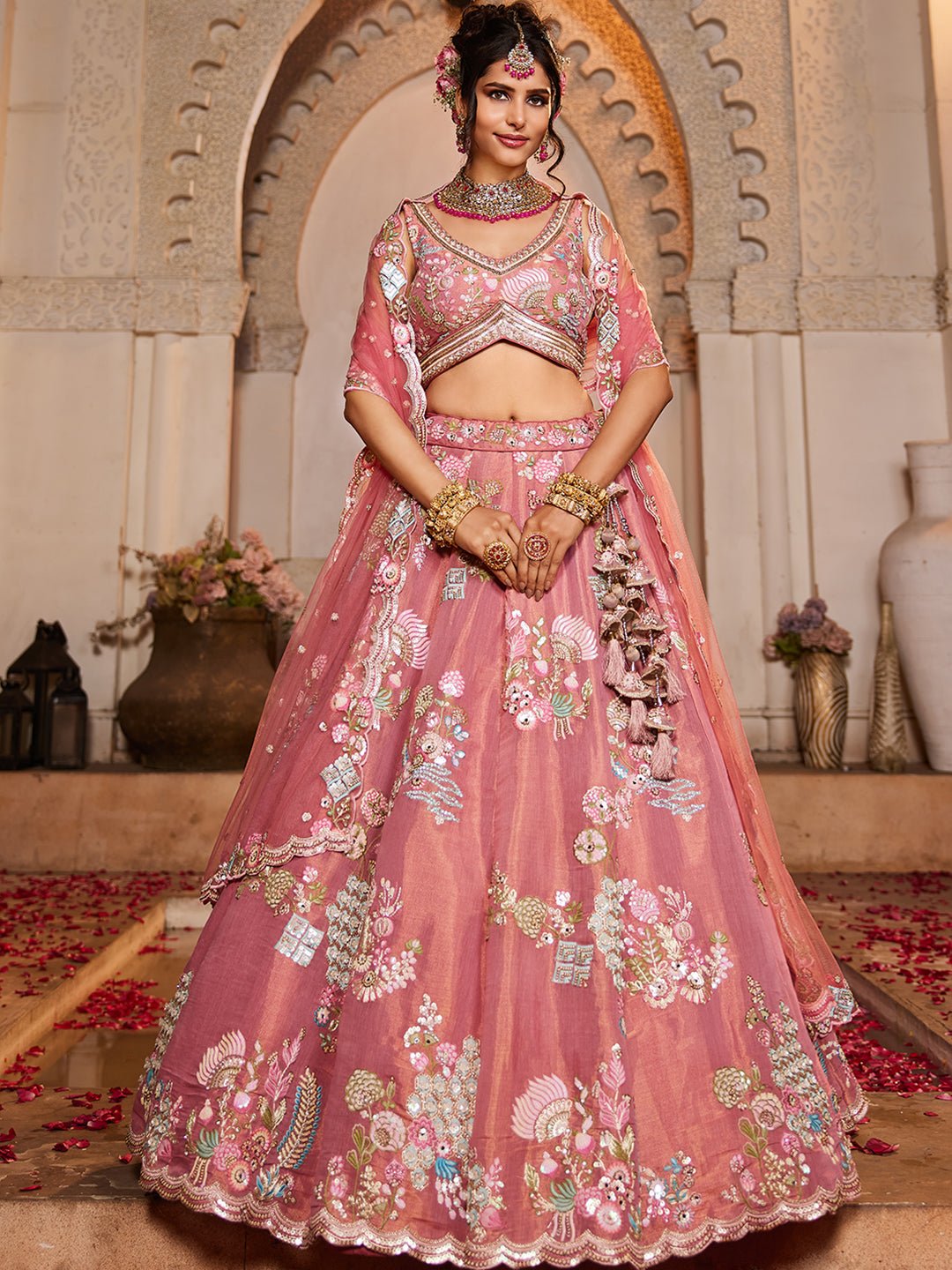 Women's Pink Net Sequinse embroidery Lehenga choli & Dupatta