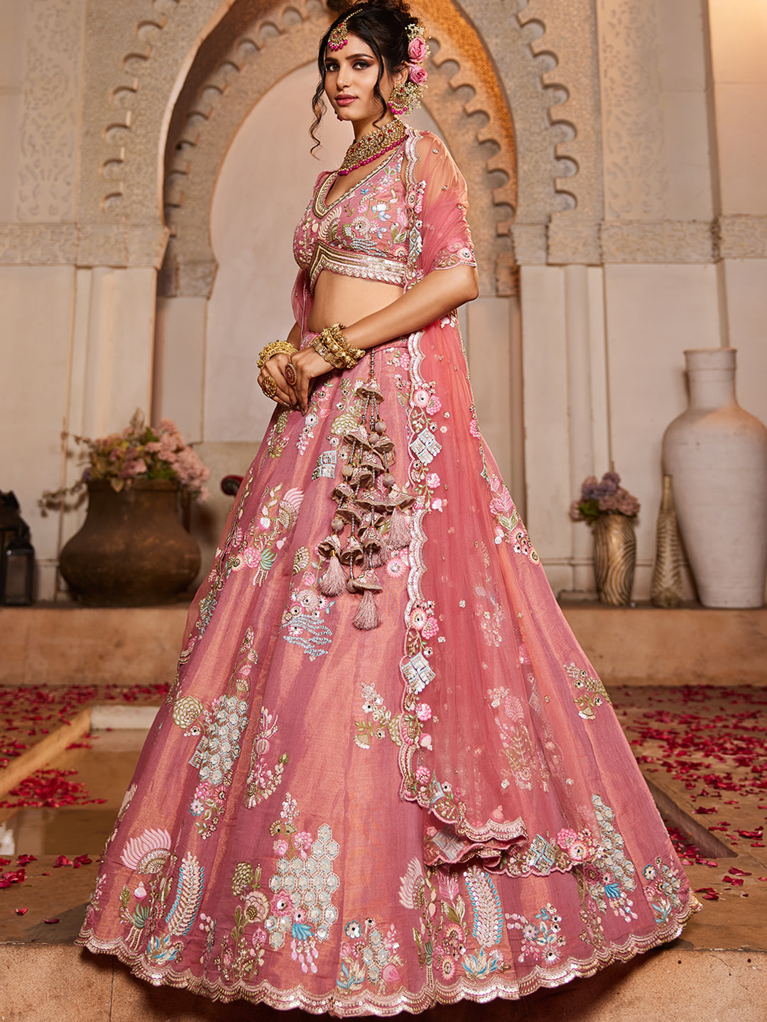 Women's Pink Net Sequinse embroidery Lehenga choli & Dupatta