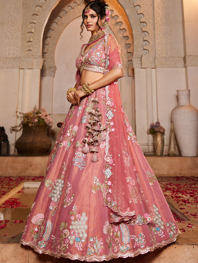 Women's Pink Net Sequinse embroidery Lehenga choli & Dupatta