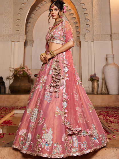 Women's Pink Net Sequinse embroidery Lehenga choli & Dupatta