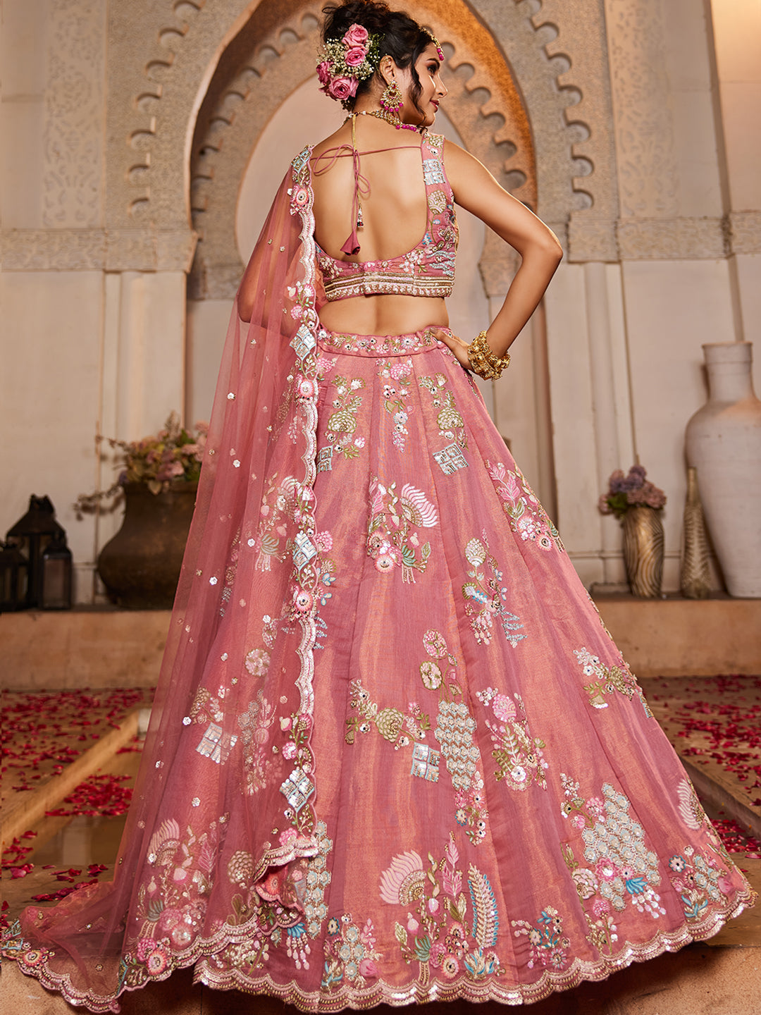 Women's Pink Net Sequinse embroidery Lehenga choli & Dupatta