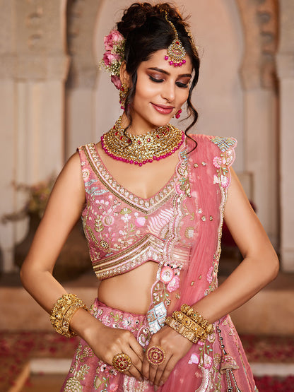 Women's Pink Net Sequinse embroidery Lehenga choli & Dupatta