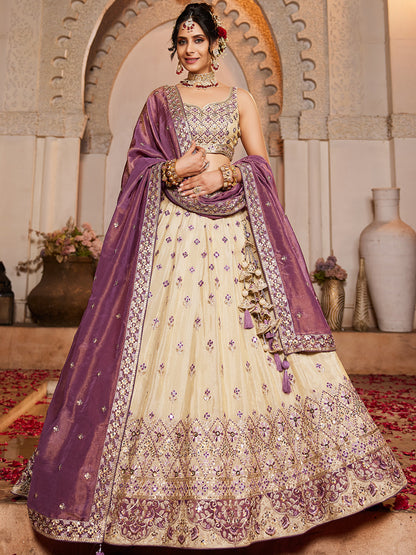 Women's Cream colour Tissue Sequinse embroidery Lehenga choli & Dupatta
