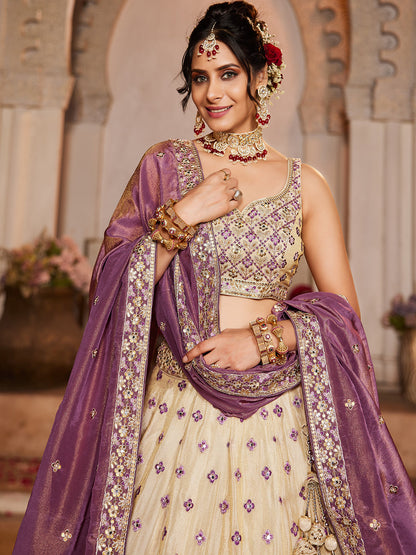 Women's Cream colour Tissue Sequinse embroidery Lehenga choli & Dupatta