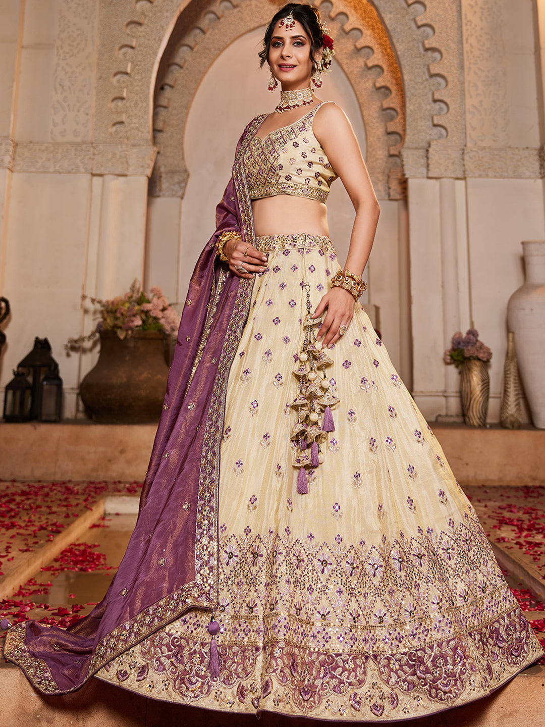 Women's Cream colour Tissue Sequinse embroidery Lehenga choli & Dupatta