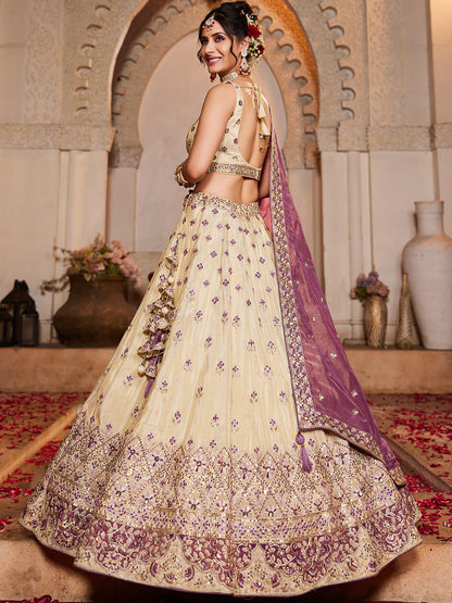 Women's Cream colour Tissue Sequinse embroidery Lehenga choli & Dupatta