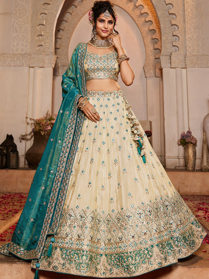 Women's Cream colour Tissue Sequinse embroidery Lehenga choli & Dupatta