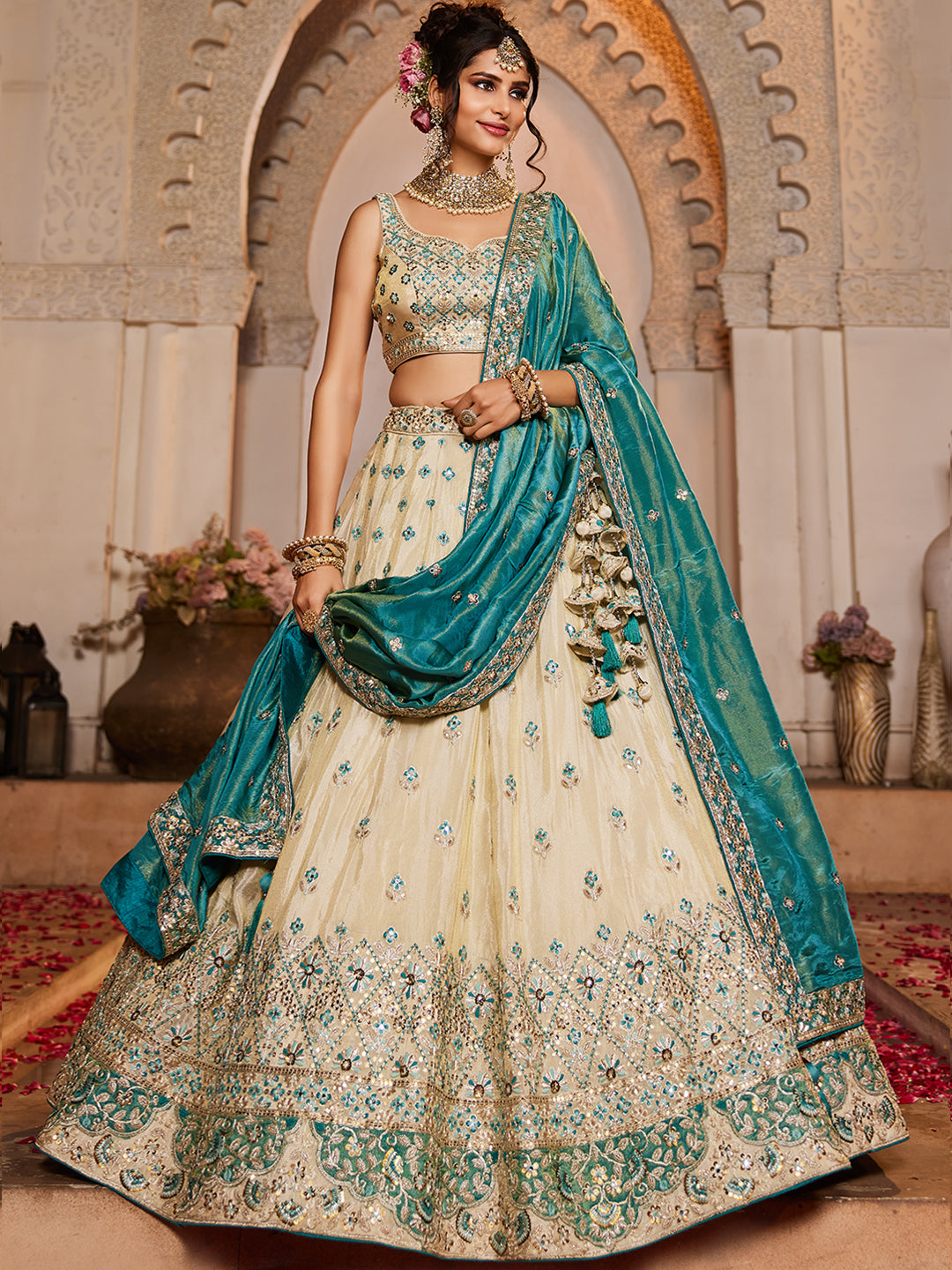 Women's Cream colour Tissue Sequinse embroidery Lehenga choli & Dupatta