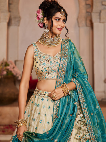 Women's Cream colour Tissue Sequinse embroidery Lehenga choli & Dupatta