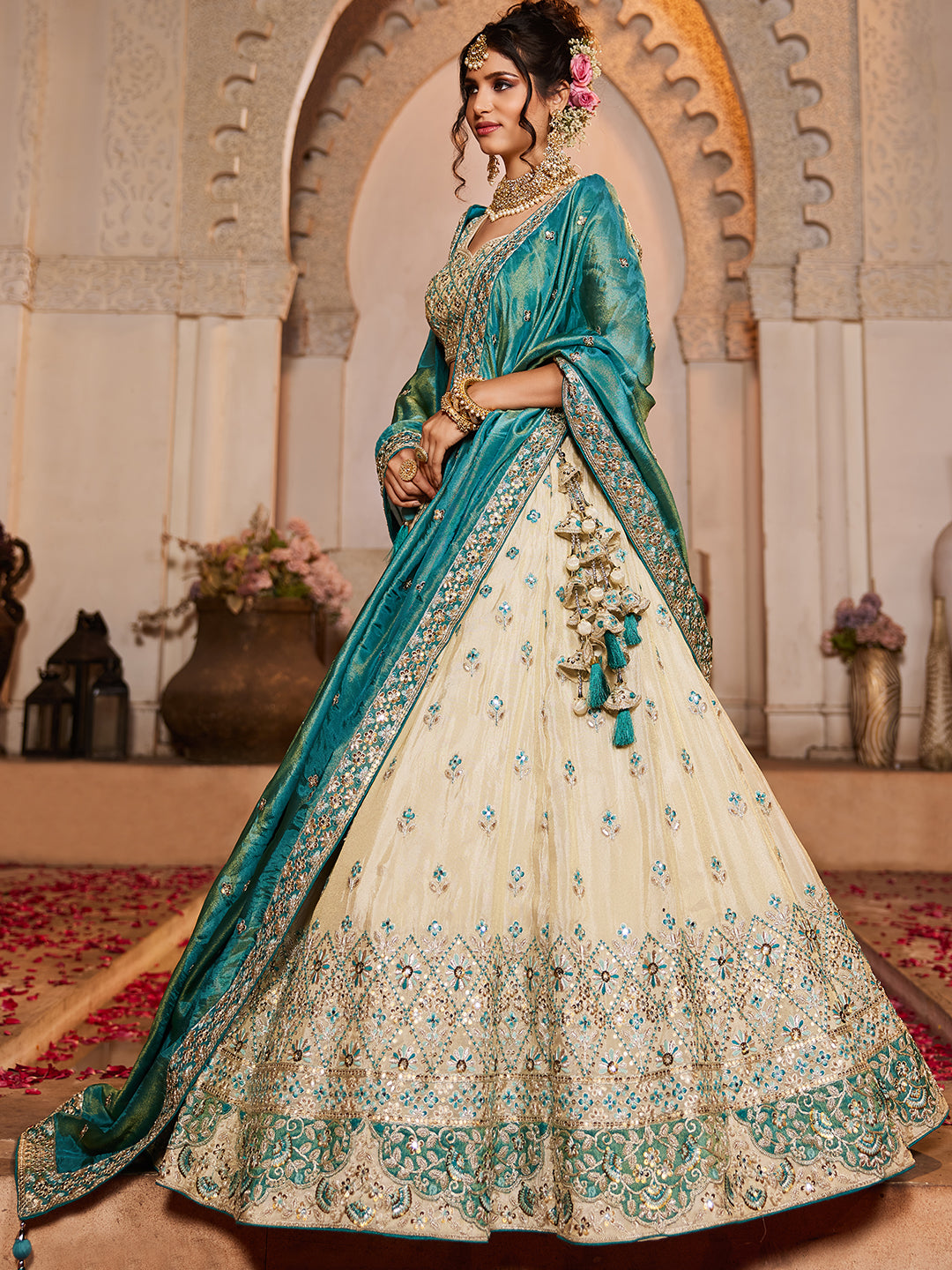 Women's Cream colour Tissue Sequinse embroidery Lehenga choli & Dupatta