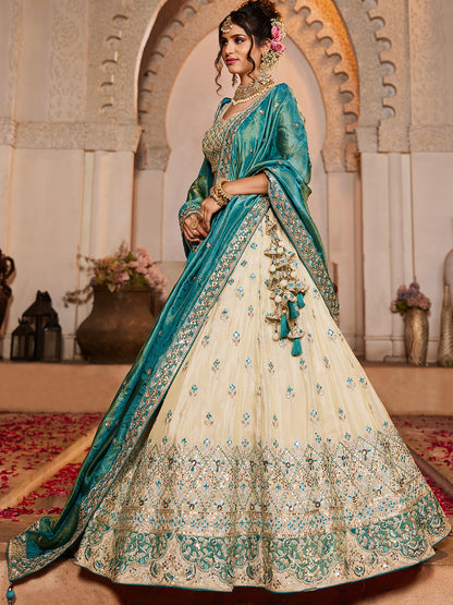 Women's Cream colour Tissue Sequinse embroidery Lehenga choli & Dupatta
