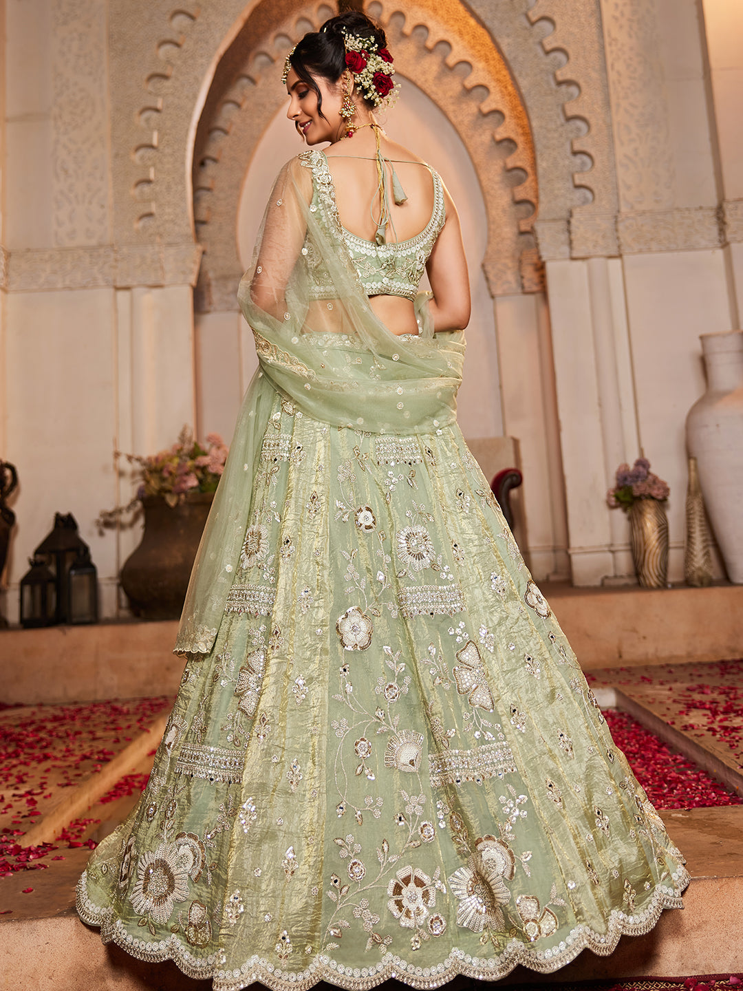 Women's Lime Green Tissue Fabric Sequins embroidery Lehenga choli & Dupatta