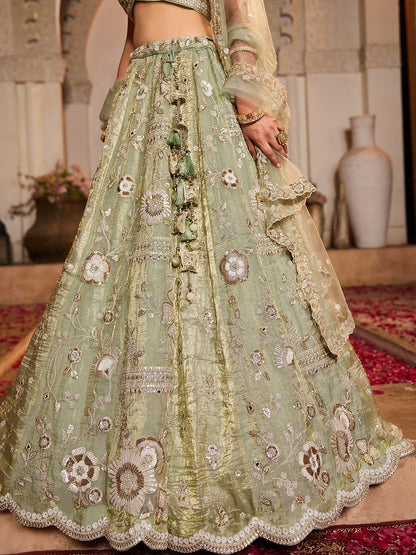 Women's Lime Green Tissue Fabric Sequins embroidery Lehenga choli & Dupatta