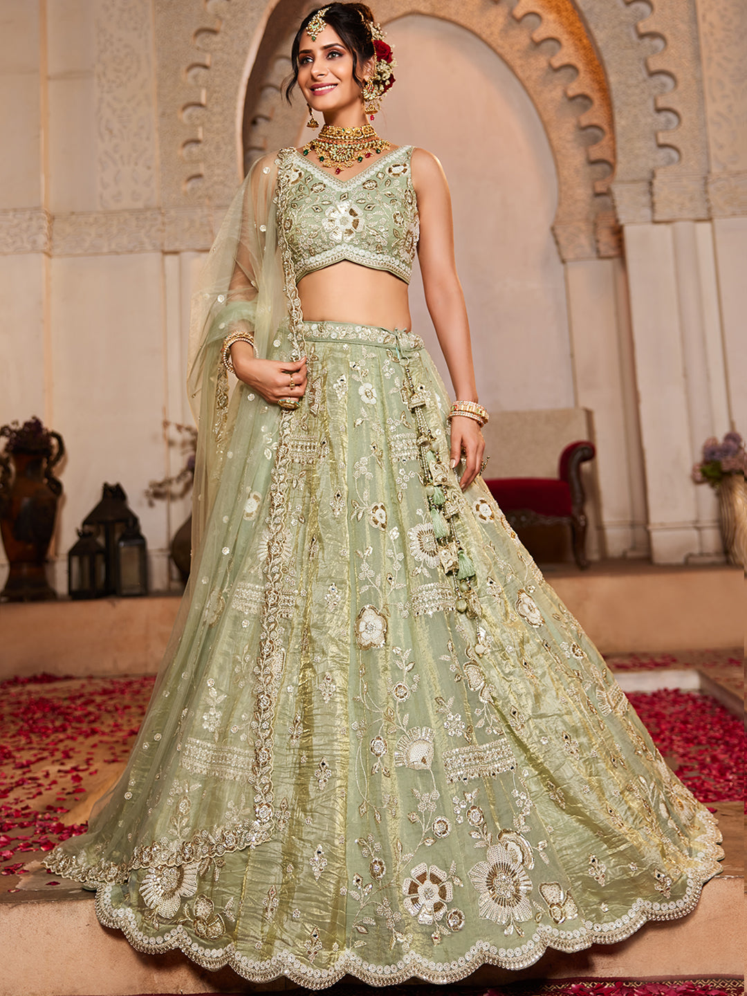 Women's Lime Green Tissue Fabric Sequins embroidery Lehenga choli & Dupatta