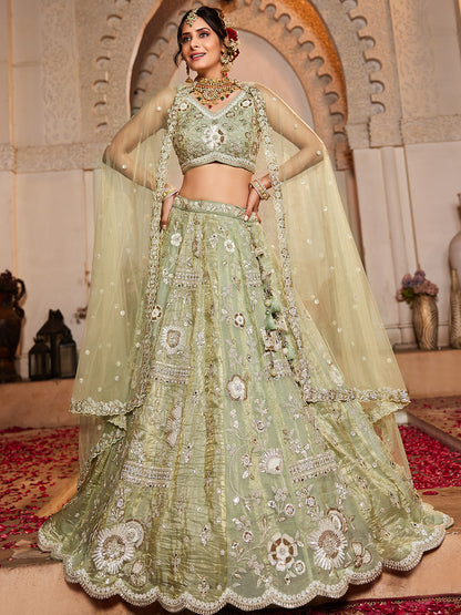 Women's Lime Green Tissue Fabric Sequins embroidery Lehenga choli & Dupatta