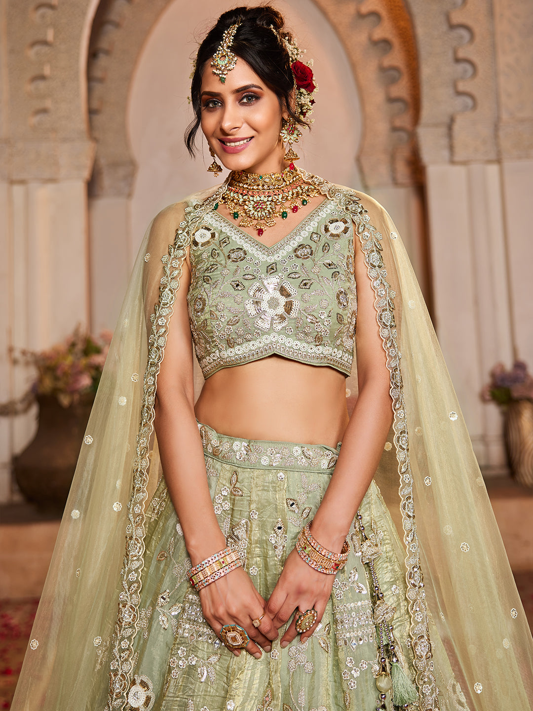 Women's Lime Green Tissue Fabric Sequins embroidery Lehenga choli & Dupatta