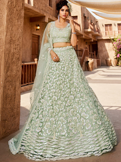 Women's Lime Green Net Sequinse embroidery Lehenga choli & Dupatta