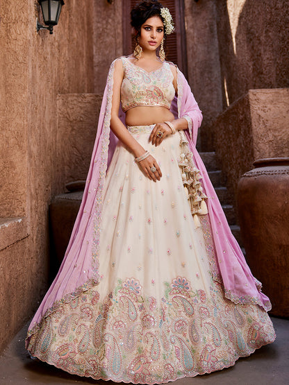 Women's Cream Georgette Sequins embroidery Lehenga choli & Dupatta