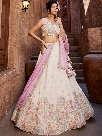 Women's Cream Georgette Sequins embroidery Lehenga choli & Dupatta