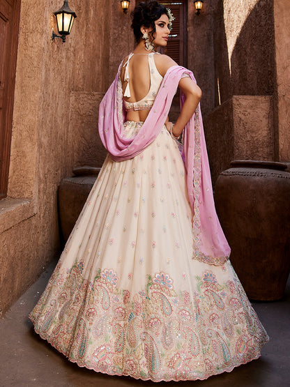 Women's Cream Georgette Sequins embroidery Lehenga choli & Dupatta